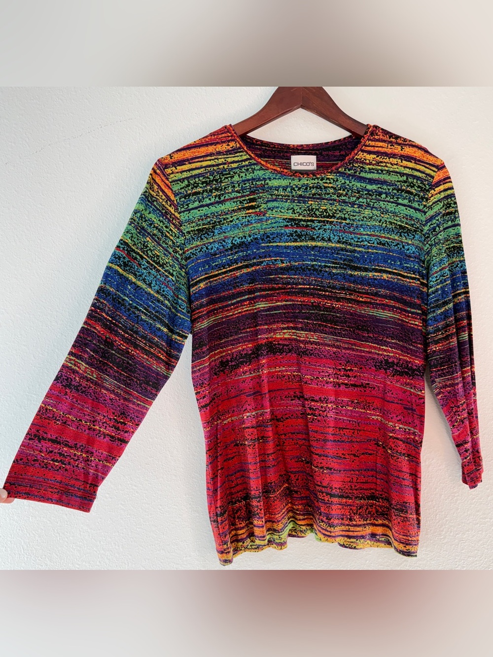 Vintage 90s Y2K Chico's Rainbow Artsy Striped Top Multi Color Indie Festival L